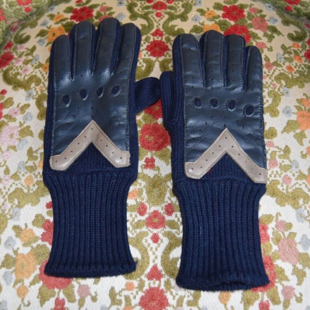 ARIS 80s Navy Blue Knit Driving Style Gloves Chevron Trim One Size Philippines
